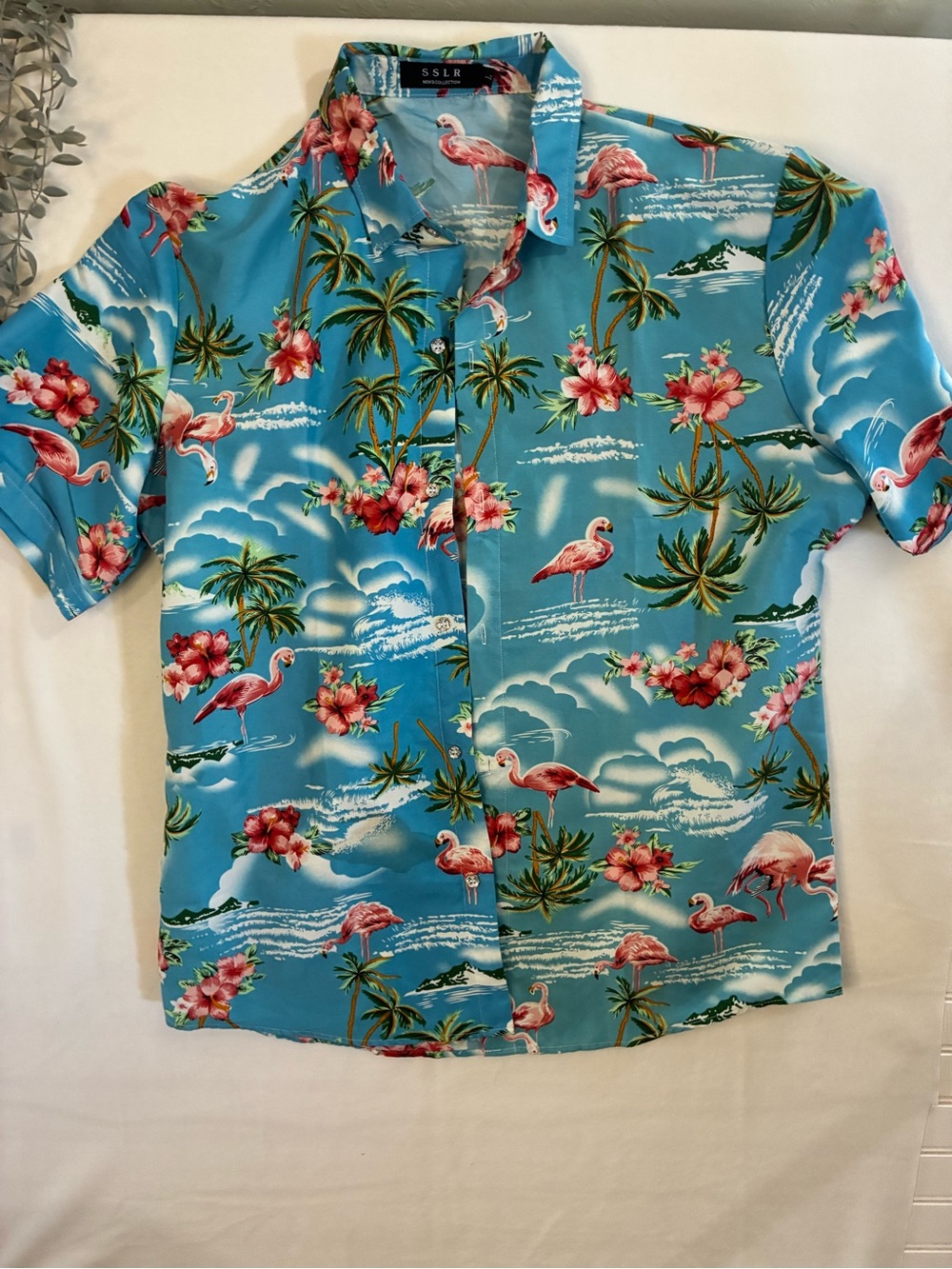 SSLR Men’s Tropical Flamingo Short-Sleeve Button-Down Shirt - Blue
